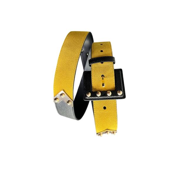 CAbi Genuine Leather Belt Womens M Mustard Yellow Black Ornamental Embossed - Picture 5 of 9